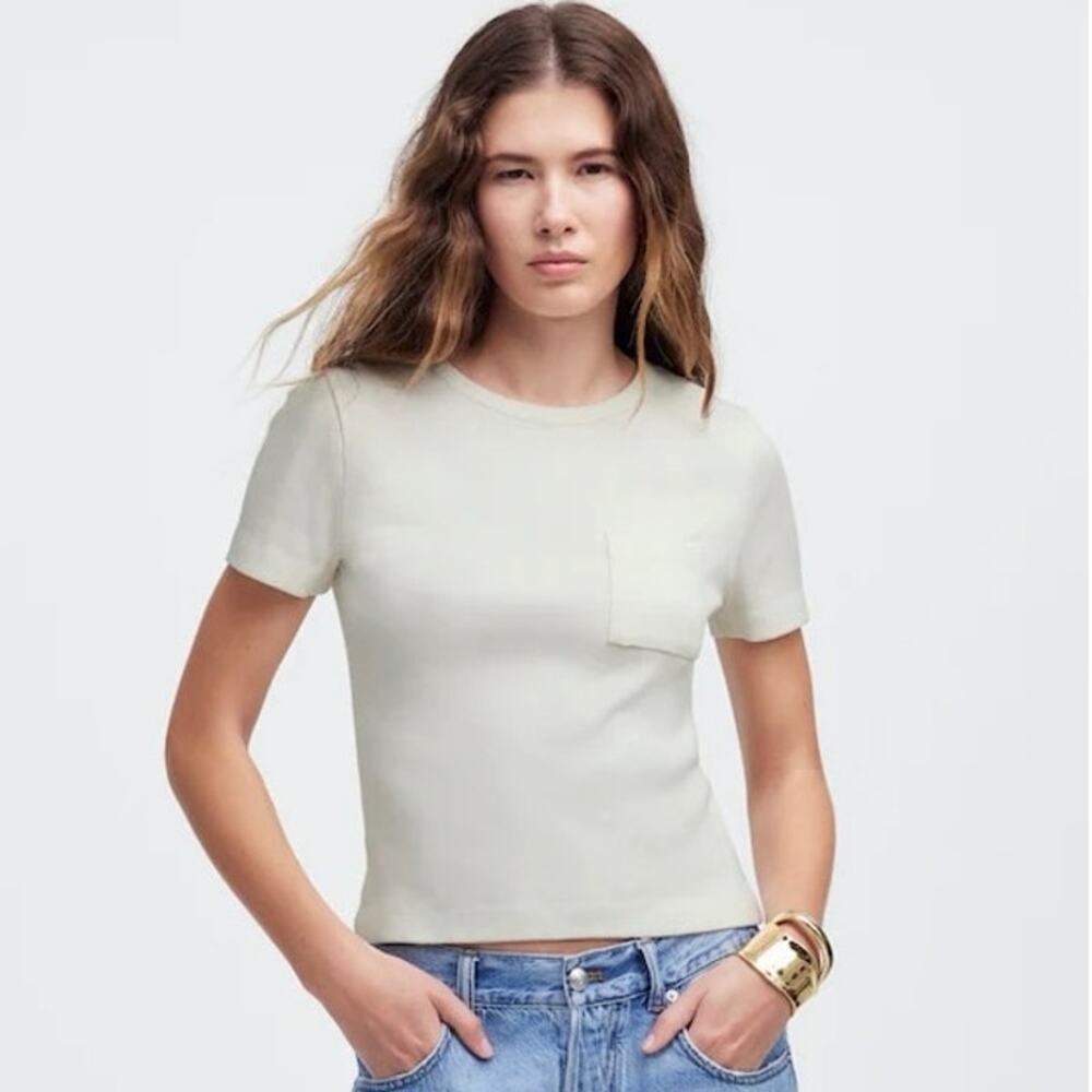 NWT Madewell Garment-Dyed Ribbed Crewneck Pocket Tee Vintage Ivory Size XXS